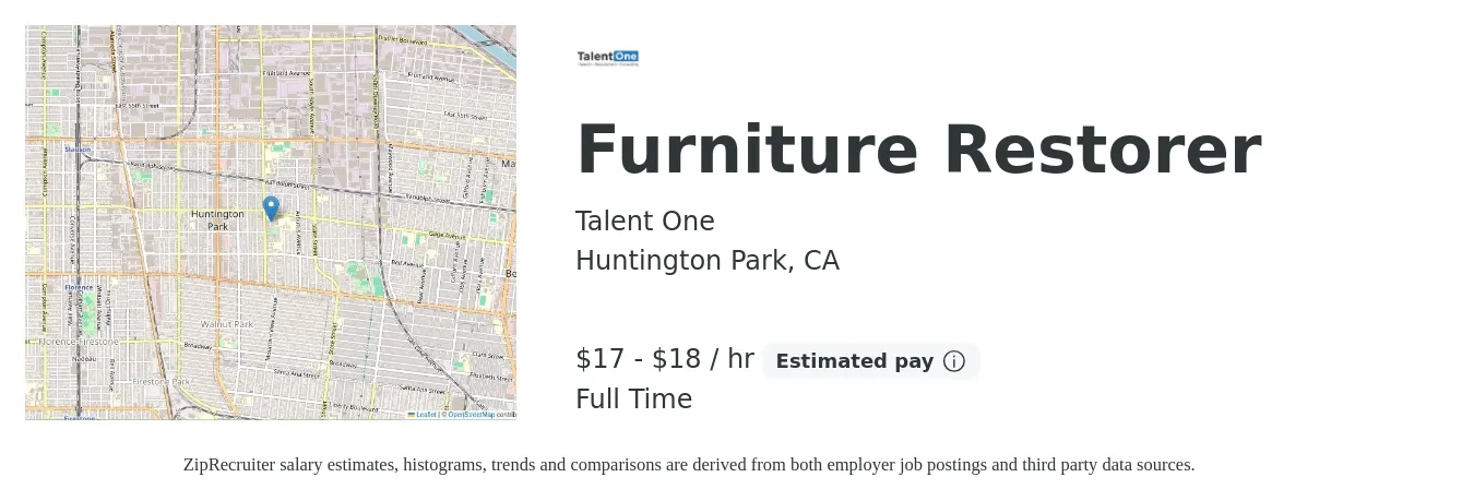 Talent One job posting for a Furniture Restorer in Huntington Park, CA with a salary of $22 to $24 Hourly with a map of Huntington Park location.