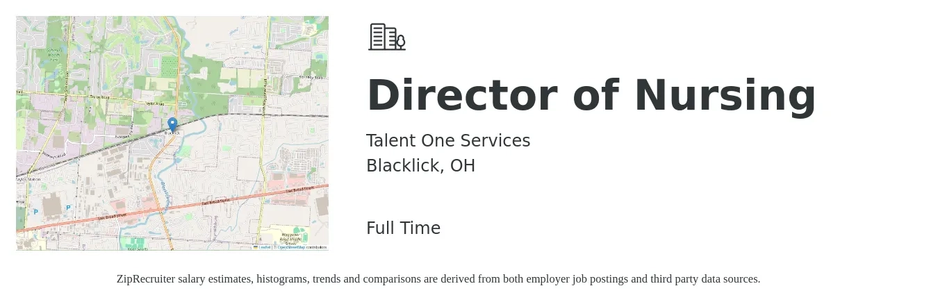Talent One Services job posting for a Director of Nursing in Blacklick, OH with a salary of $80,200 to $121,300 Yearly with a map of Blacklick location.