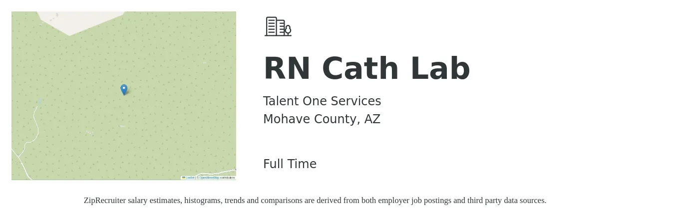 Talent One Services job posting for a RN Cath Lab in Mohave County, AZ with a salary of $2,200 to $3,070 Weekly with a map of Mohave County location.
