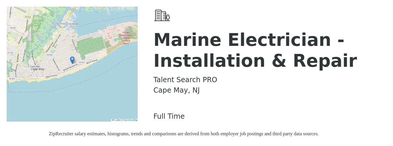 Talent Search PRO job posting for a Marine Electrician - Installation & Repair in Cape May, NJ with a salary of $24 to $30 Hourly with a map of Cape May location.