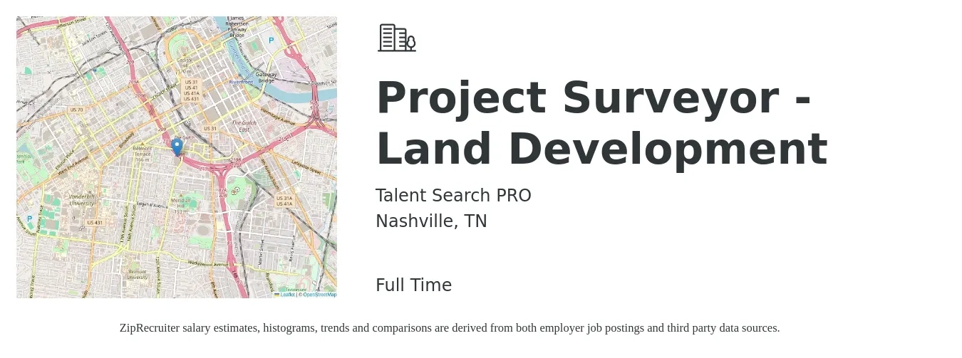 Talent Search PRO job posting for a Project Surveyor - Land Development in Nashville, TN with a salary of $50,700 to $88,400 Yearly with a map of Nashville location.