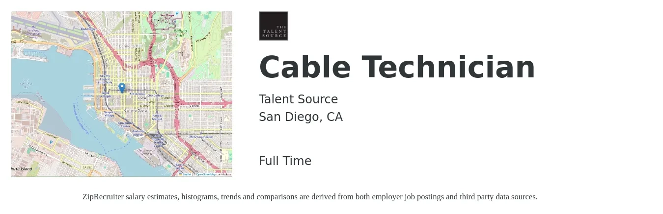 Talent Source job posting for a Cable Technician in San Diego, CA with a salary of $21 to $27 Hourly with a map of San Diego location.