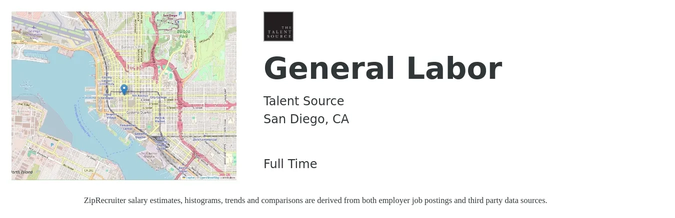 Talent Source job posting for a General Labor in San Diego, CA with a salary of $17 to $21 Hourly with a map of San Diego location.