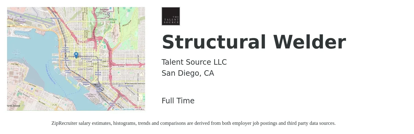 Talent Source job posting for a Structural Welder in San Diego, CA with a salary of $23 to $30 Hourly with a map of San Diego location.