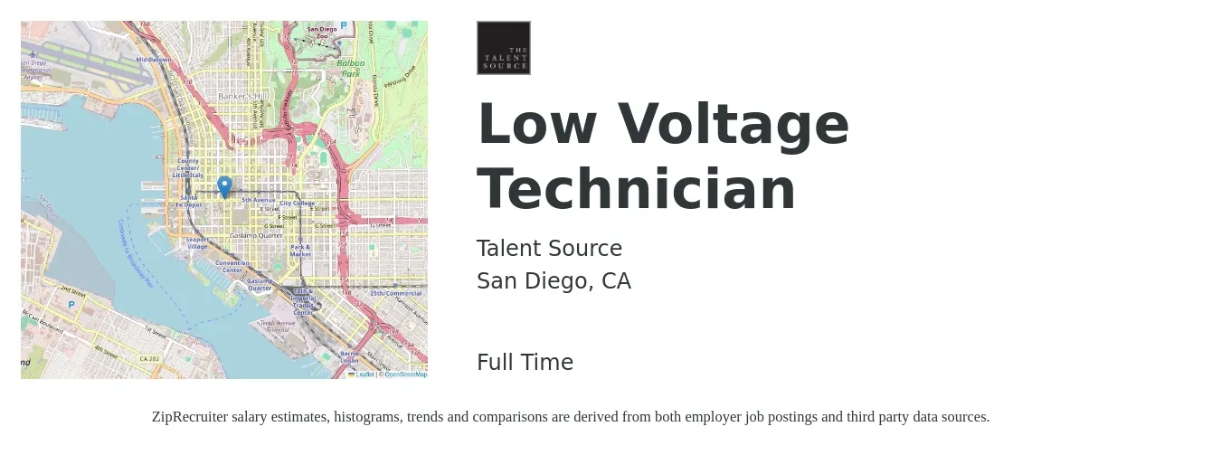 Talent Source job posting for a Low Voltage Technician in San Diego, CA with a salary of $22 to $30 Hourly with a map of San Diego location.