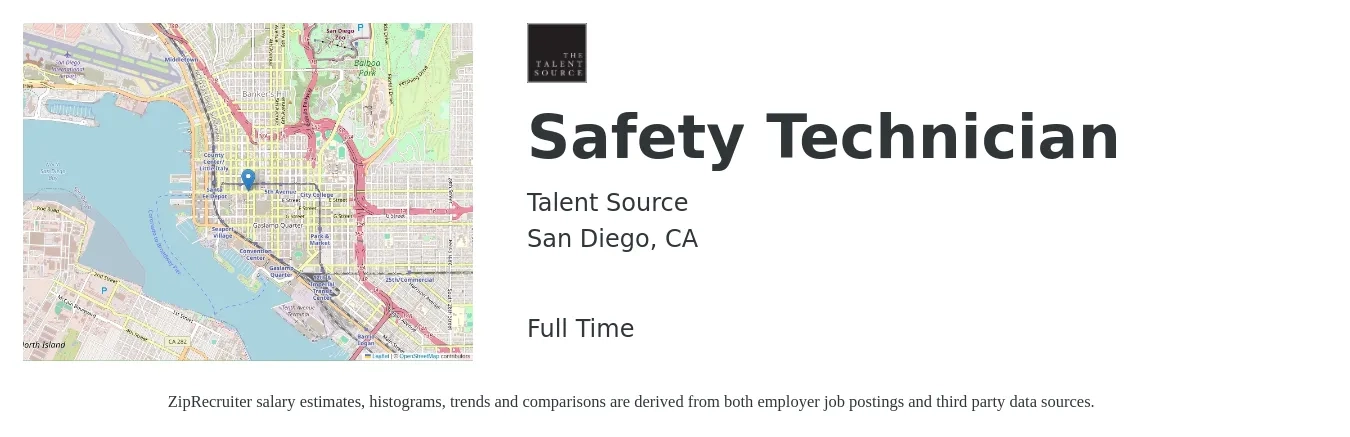 Talent Source job posting for a Safety Technician in San Diego, CA with a salary of $21 to $29 Hourly with a map of San Diego location.