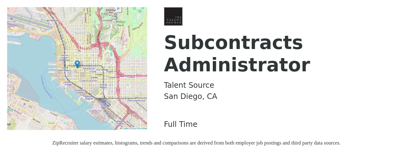 Talent Source job posting for a Subcontracts Administrator in San Diego, CA with a salary of $31 to $48 Hourly with a map of San Diego location.
