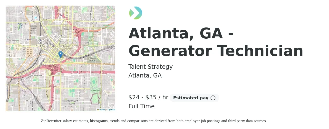 Talent Strategy job posting for a Atlanta, GA - Generator Technician in Atlanta, GA with a salary of $25 to $37 Hourly with a map of Atlanta location.