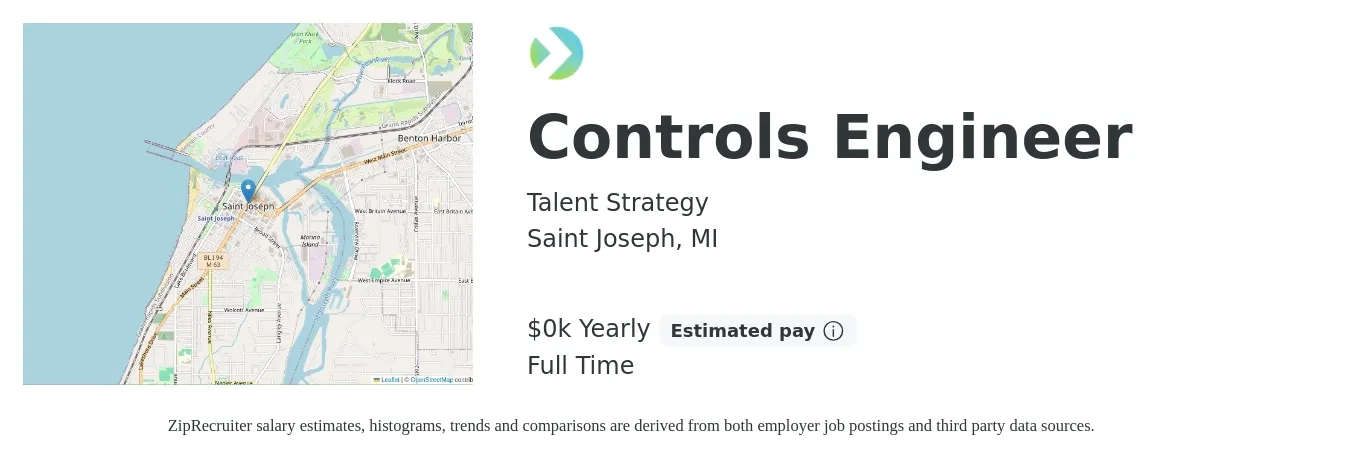 Talent Strategy job posting for a Controls Engineer in Saint Joseph, MI with a salary of $90 to $125 Yearly with a map of Saint Joseph location.