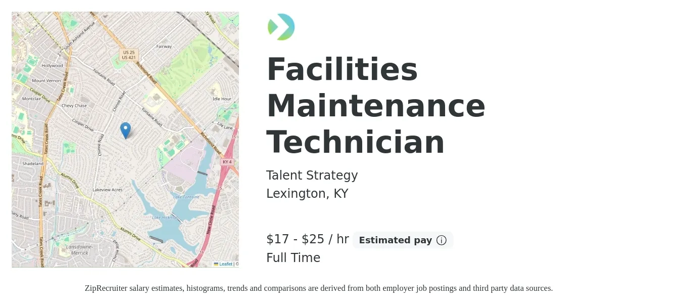 Talent Strategy job posting for a Facilities Maintenance Technician in Lexington, KY with a salary of $18 to $27 Hourly with a map of Lexington location.
