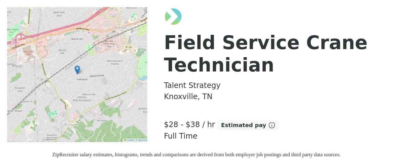 Talent Strategy job posting for a Field Service Crane Technician in Knoxville, TN with a salary of $30 to $40 Hourly with a map of Knoxville location.