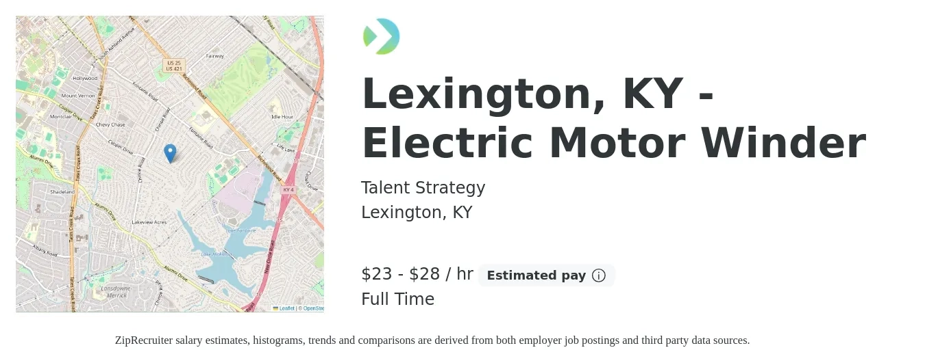 Talent Strategy job posting for a Lexington, KY - Electric Motor Winder in Lexington, KY with a salary of $24 to $30 Hourly with a map of Lexington location.