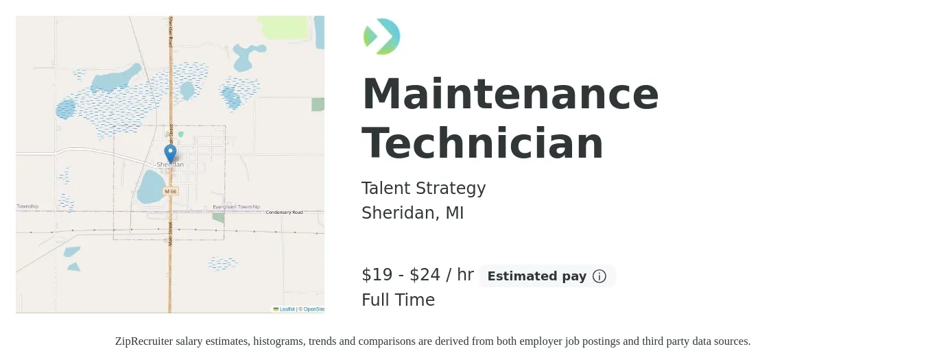 Talent Strategy job posting for a Maintenance Technician in Sheridan, MI with a salary of $20 to $25 Hourly with a map of Sheridan location.