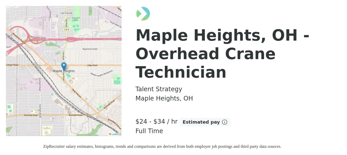 Talent Strategy job posting for a Maple Heights, OH - Overhead Crane Technician in Maple Heights, OH with a salary of $25 to $36 Hourly with a map of Maple Heights location.