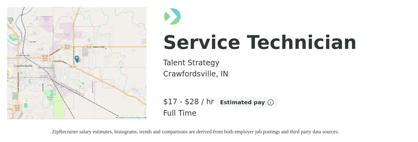 Talent Strategy job posting for a Service Technician in Crawfordsville, IN with a salary of $18 to $30 Hourly with a map of Crawfordsville location.