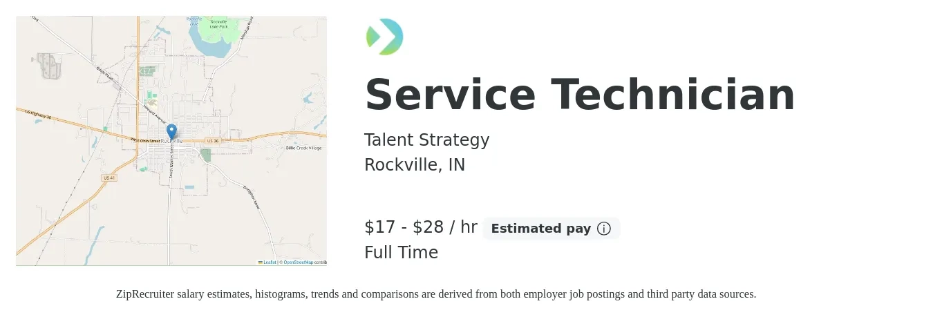 Talent Strategy job posting for a Service Technician in Rockville, IN with a salary of $18 to $30 Hourly with a map of Rockville location.