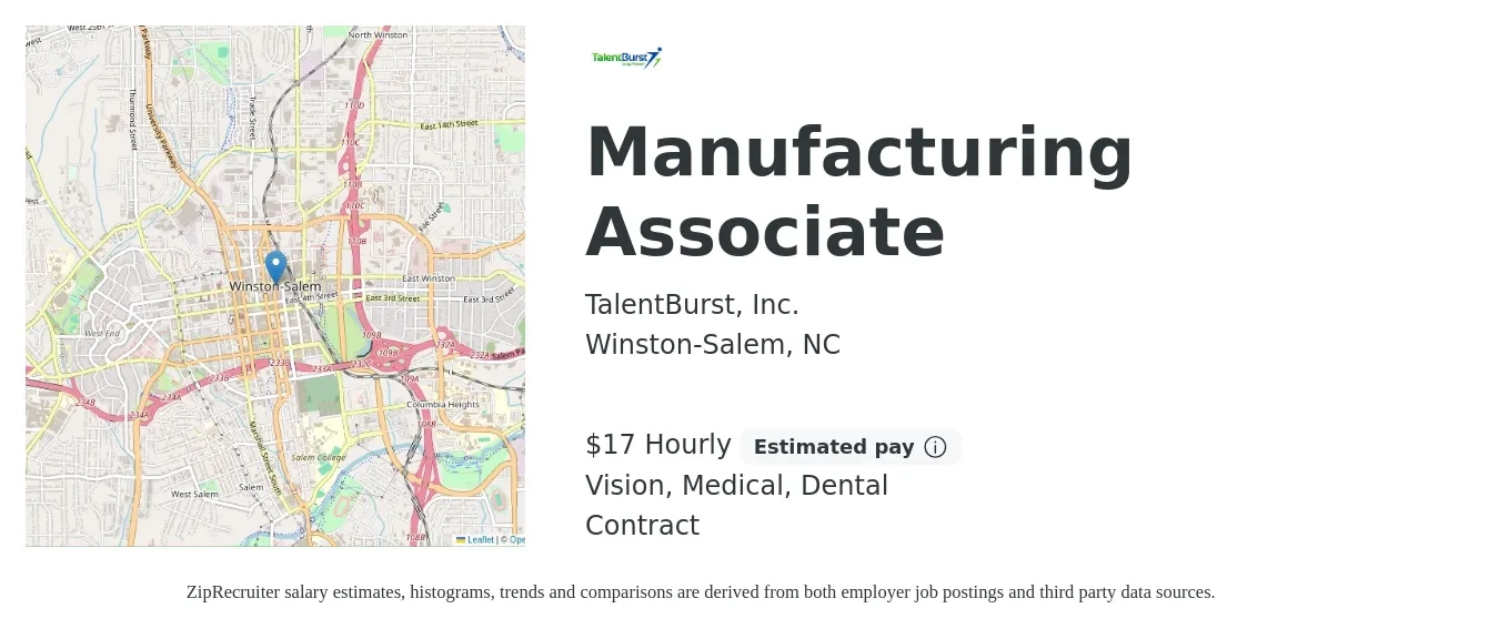 TalentBurst, Inc. job posting for a Manufacturing Associate in Winston-Salem, NC with a salary of $18 Hourly and benefits including dental, medical, retirement, and vision with a map of Winston-Salem location.