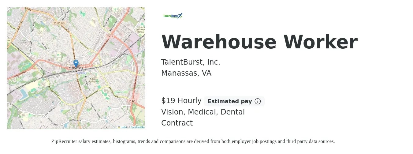 TalentBurst, Inc. job posting for a Warehouse Worker in Manassas, VA with a salary of $20 Hourly and benefits including retirement, vision, dental, and medical with a map of Manassas location.
