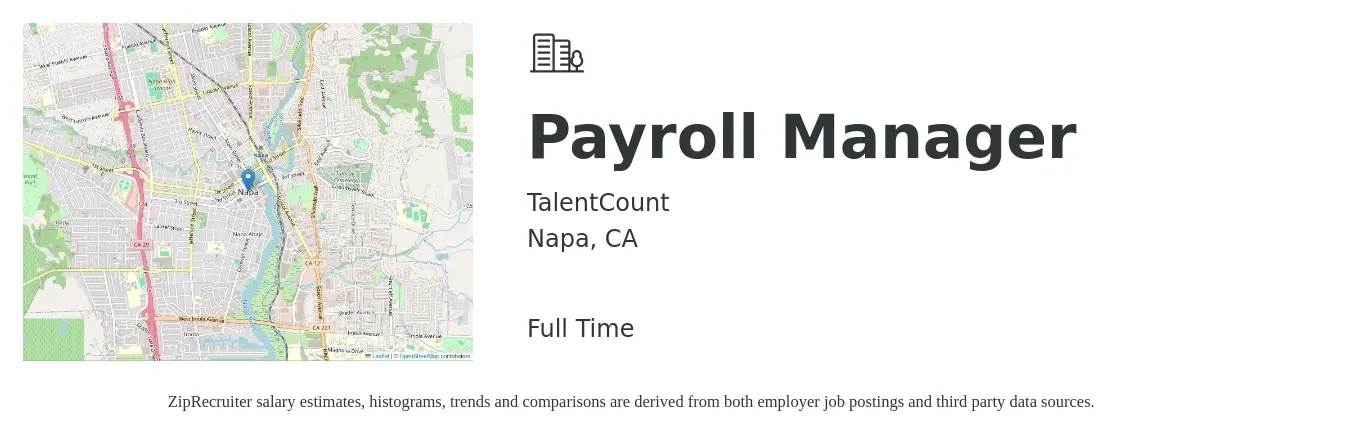 TalentCount job posting for a Payroll Manager in Napa, CA with a salary of $80,500 to $117,900 Yearly with a map of Napa location.