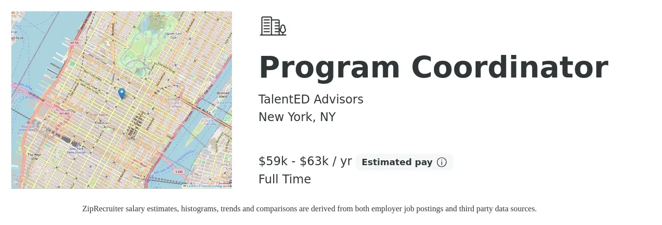 TalentED Advisors job posting for a Program Coordinator in New York, NY with a salary of $59,000 to $63,000 Yearly with a map of New York location.
