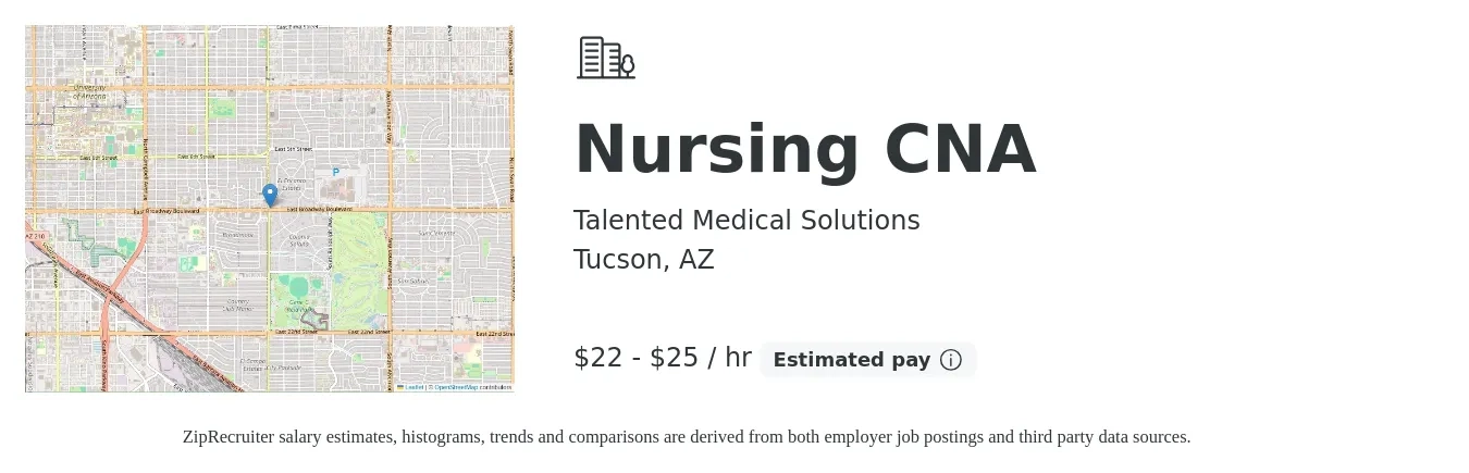 Talented Medical Solutions job posting for a Nursing CNA in Tucson, AZ with a salary of $23 to $27 Hourly and benefits including pto with a map of Tucson location.