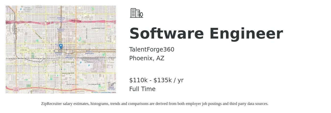 TalentForge360 job posting for a Software Engineer in Phoenix, AZ with a salary of $110,000 to $135,000 Yearly with a map of Phoenix location.