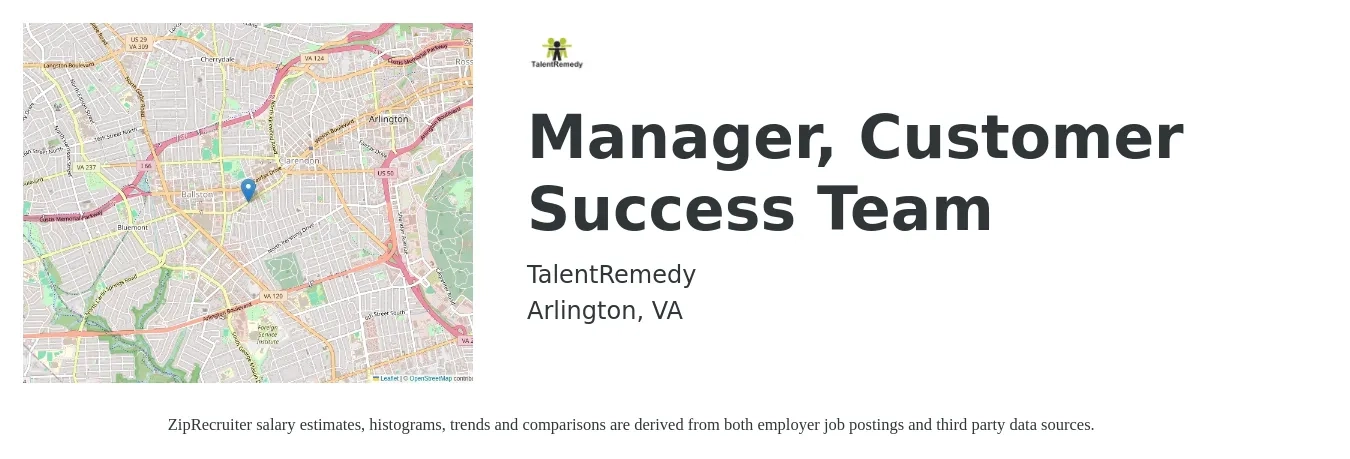 TalentRemedy job posting for a Manager, Customer Success Team in Arlington, VA with a salary of $68,000 to $113,100 Yearly with a map of Arlington location.