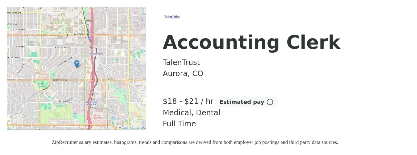 TalenTrust job posting for a Accounting Clerk in Aurora, CO with a salary of $20 to $22 Hourly and benefits including dental, life_insurance, medical, pto, and retirement with a map of Aurora location.