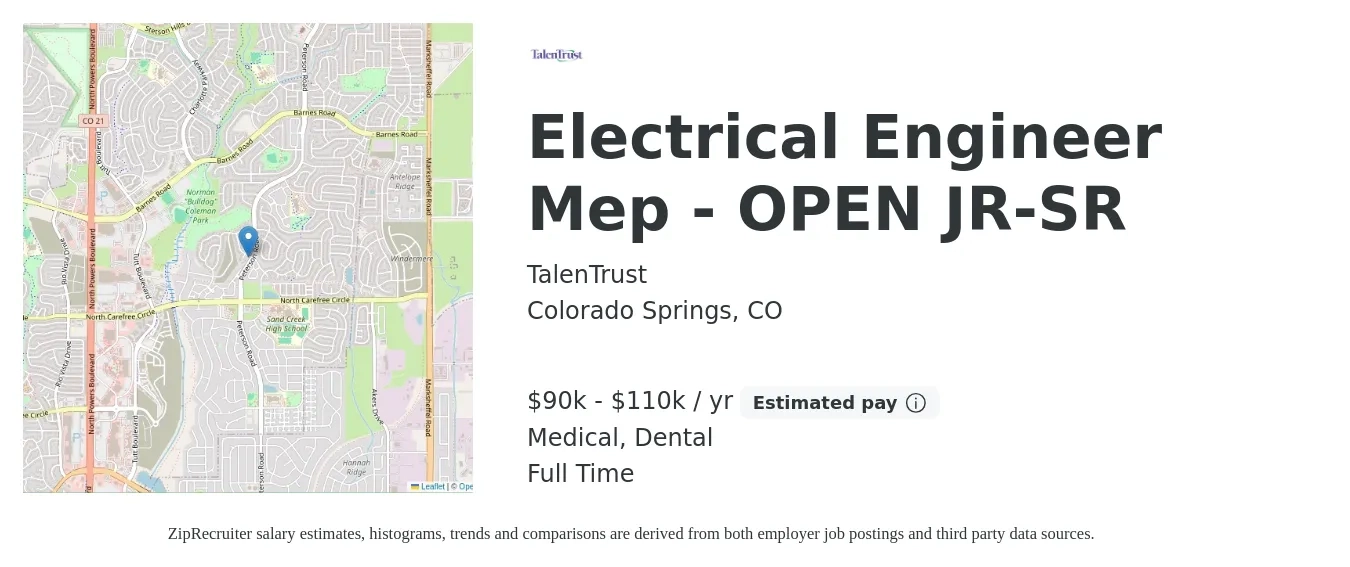 TalenTrust job posting for a Electrical Engineer Mep - OPEN JR-SR in Colorado Springs, CO with a salary of $90,000 to $110,000 Yearly and benefits including dental, life_insurance, medical, pto, and retirement with a map of Colorado Springs location.