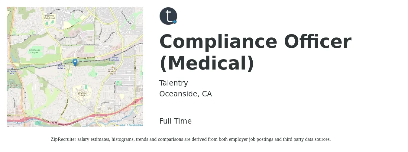 Talentry job posting for a Compliance Officer (Medical) in Oceanside, CA with a salary of $63,600 to $119,000 Yearly with a map of Oceanside location.