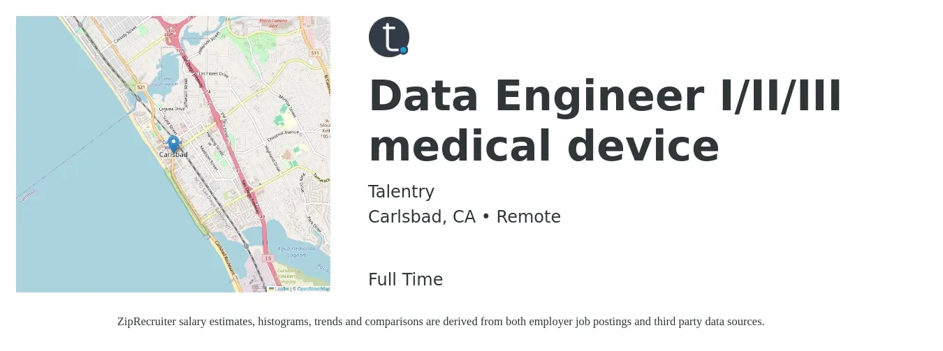 Talentry job posting for a Data Engineer I/II/III medical device in Carlsbad, CA with a salary of $117,700 to $141,300 Yearly with a map of Carlsbad location.