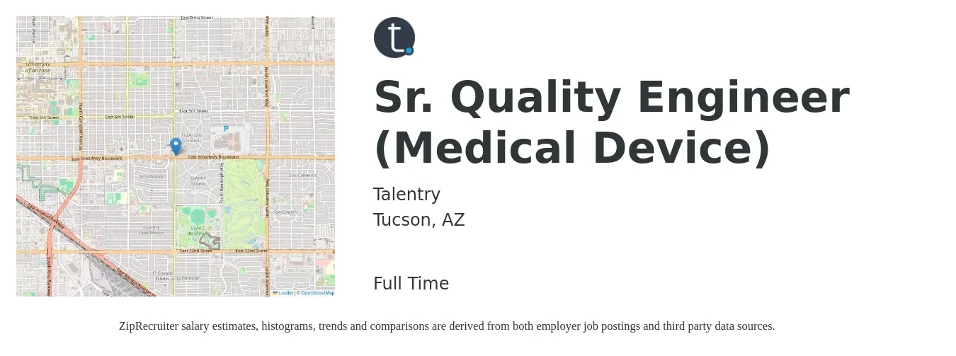 Talentry job posting for a Sr. Quality Engineer (Medical Device) in Tucson, AZ with a salary of $76,200 to $103,300 Yearly with a map of Tucson location.