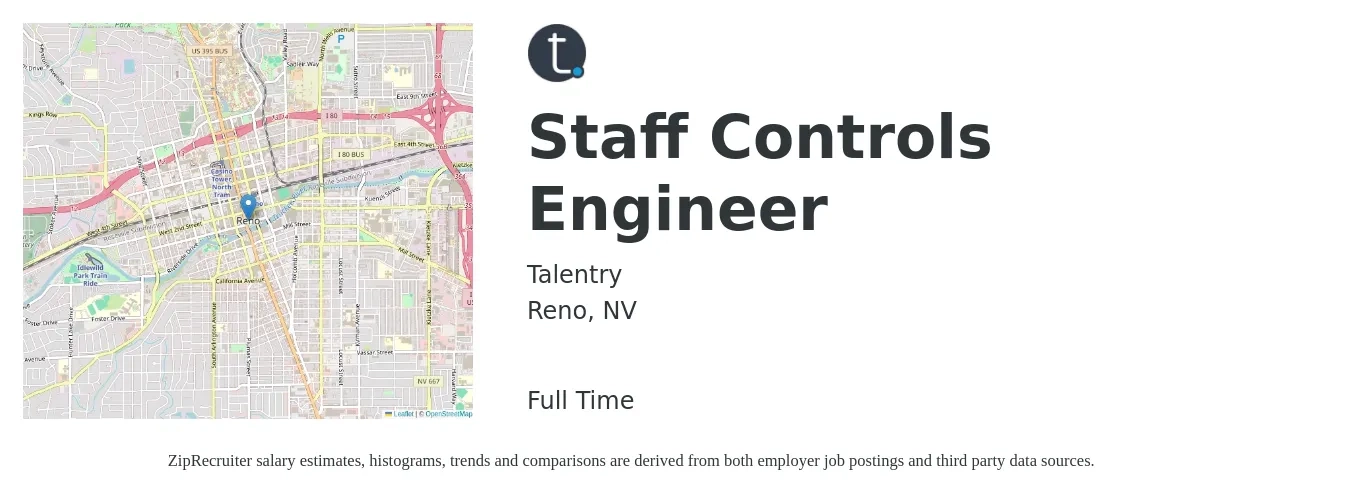 Talentry job posting for a Staff Controls Engineer in Reno, NV with a salary of $83,300 to $107,700 Yearly with a map of Reno location.