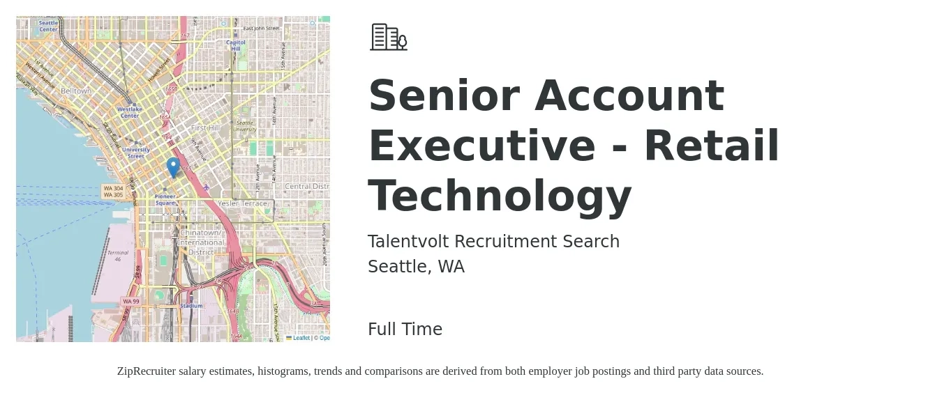Talentvolt Recruitment Search job posting for a Senior Account Executive - Retail Technology in Seattle, WA with a salary of $87,600 to $134,300 Yearly with a map of Seattle location.
