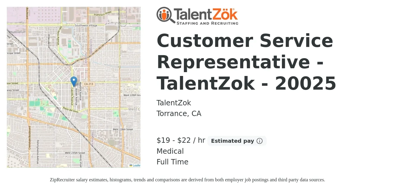 TalentZok job posting for a Customer Service Representative - TalentZok - 20025 in Torrance, CA with a salary of $20 to $23 Hourly and benefits including medical with a map of Torrance location.