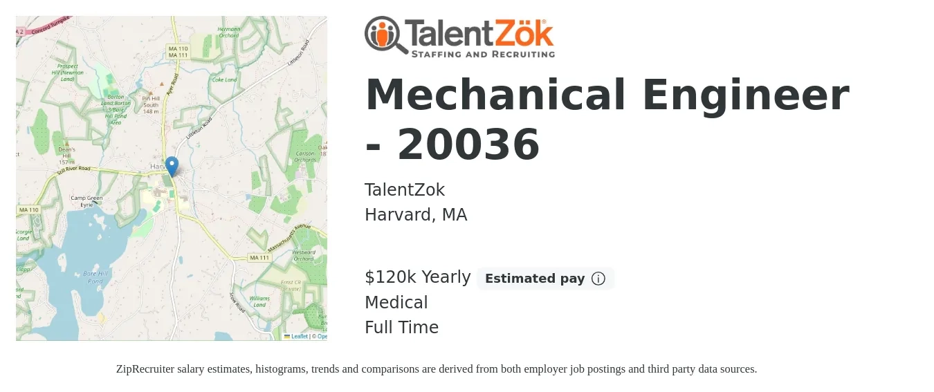 TalentZok job posting for a Mechanical Engineer - 20036 in Harvard, MA with a salary of $120,000 Yearly and benefits including medical with a map of Harvard location.