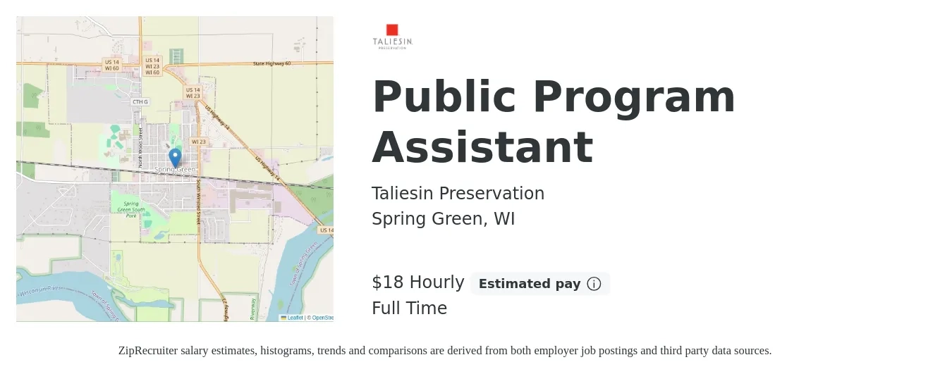 Taliesin Preservation job posting for a Public Program Assistant in Spring Green, WI with a salary of $19 Hourly with a map of Spring Green location.
