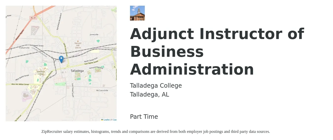 Talladega College job posting for a Adjunct Instructor of Business Administration in Talladega, AL with a salary of $28 to $56 Hourly with a map of Talladega location.