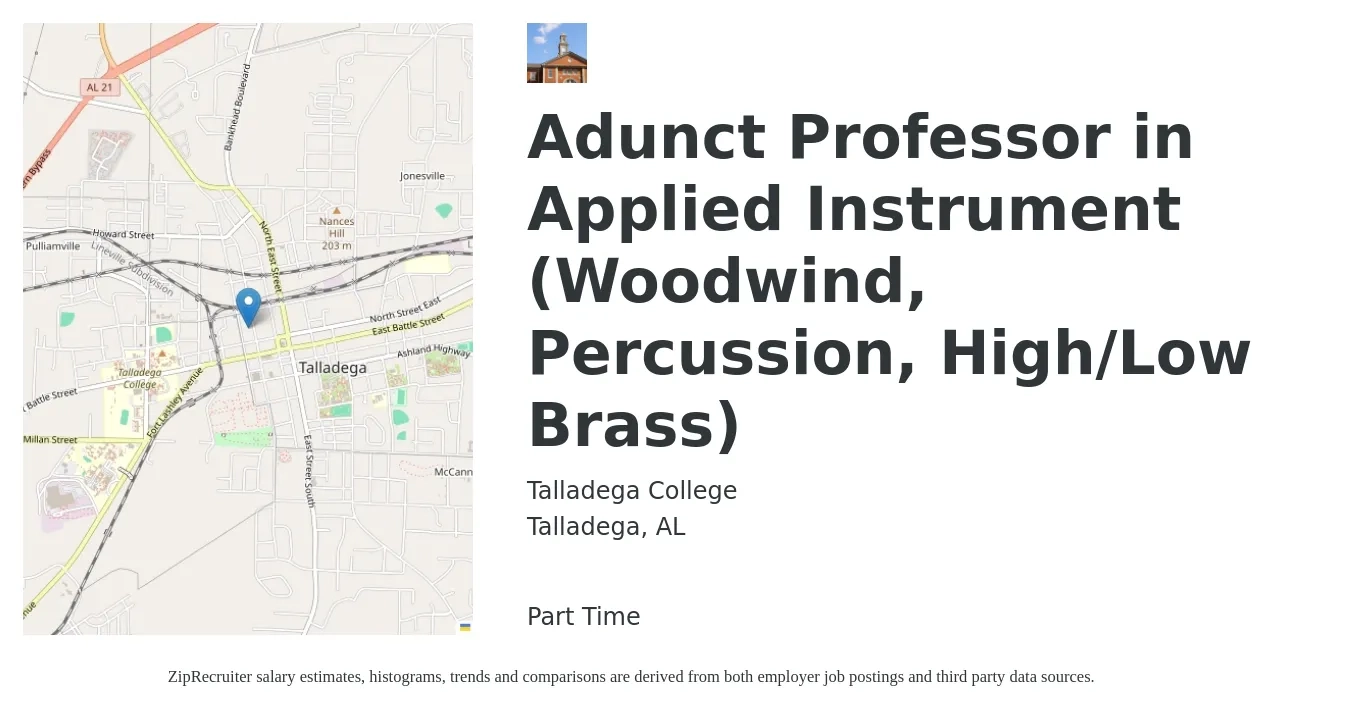 Talladega College job posting for a Adunct Professor in Applied Instrument (Woodwind, Percussion, High/Low Brass) in Talladega, AL with a salary of $87,300 to $112,300 Yearly with a map of Talladega location.