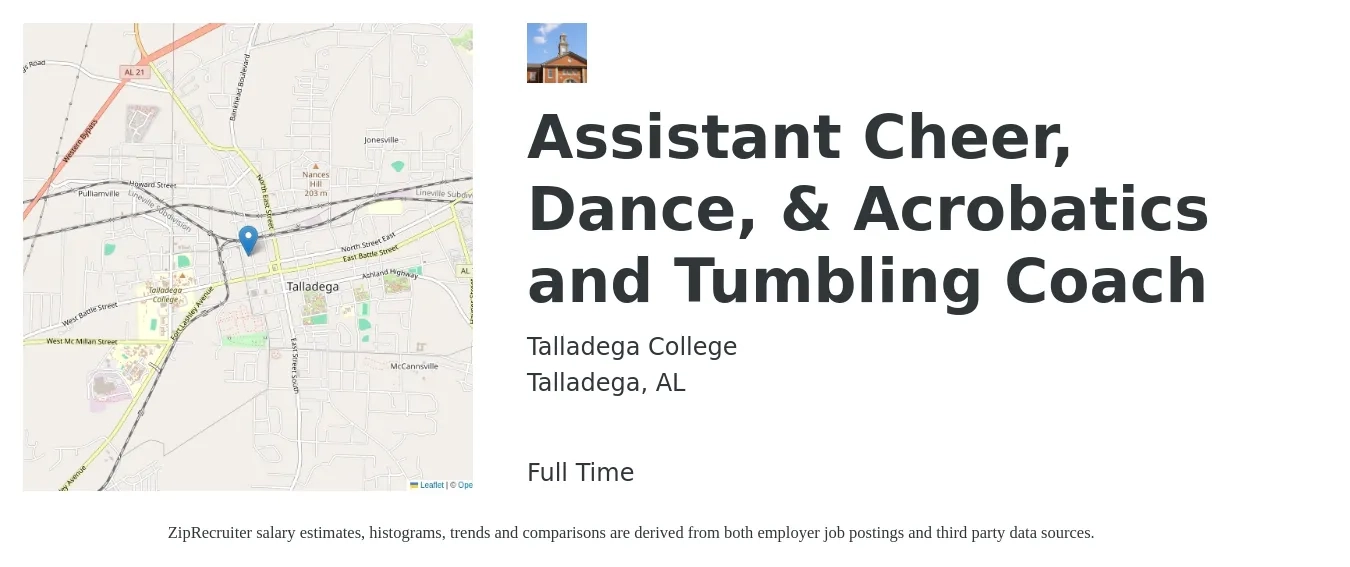 Talladega College job posting for a Assistant Cheer, Dance, & Acrobatics and Tumbling Coach in Talladega, AL with a map of Talladega location.