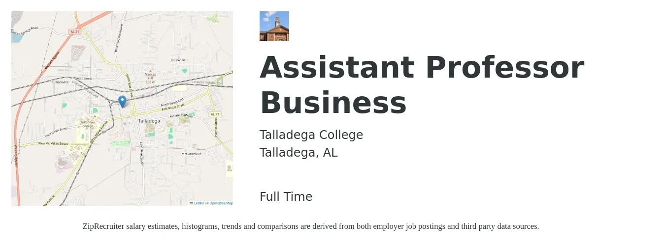 Talladega College job posting for a Assistant Professor Business in Talladega, AL with a salary of $51,300 to $66,500 Yearly with a map of Talladega location.