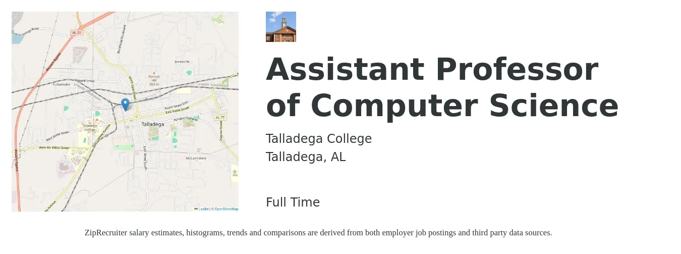Talladega College job posting for a Assistant Professor of Computer Science in Talladega, AL with a salary of $55,500 to $84,600 Yearly with a map of Talladega location.