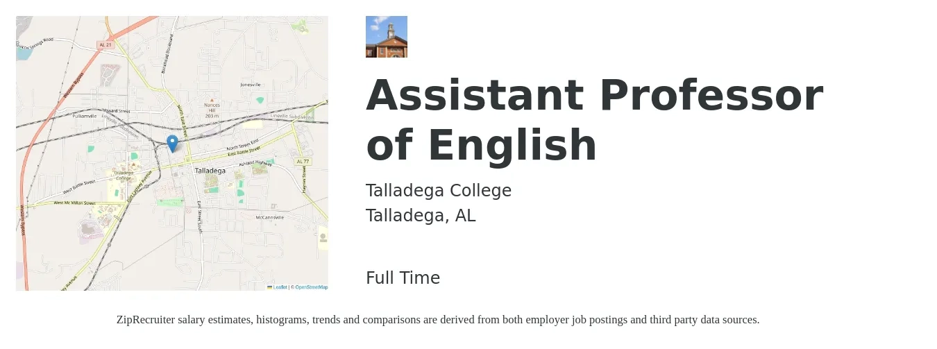 Talladega College job posting for a Assistant Professor of English in Talladega, AL with a salary of $50,800 to $77,200 Yearly with a map of Talladega location.