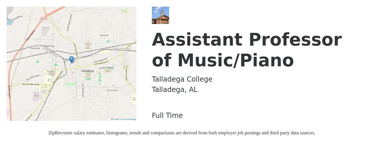 Talladega College job posting for a Assistant Professor of Music/Piano in Talladega, AL with a salary of $25,400 to $64,700 Yearly with a map of Talladega location.