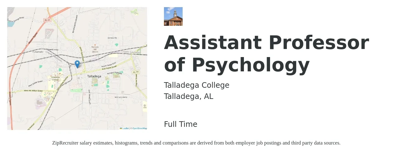 Talladega College job posting for a Assistant Professor of Psychology in Talladega, AL with a salary of $55,500 to $69,300 Yearly with a map of Talladega location.