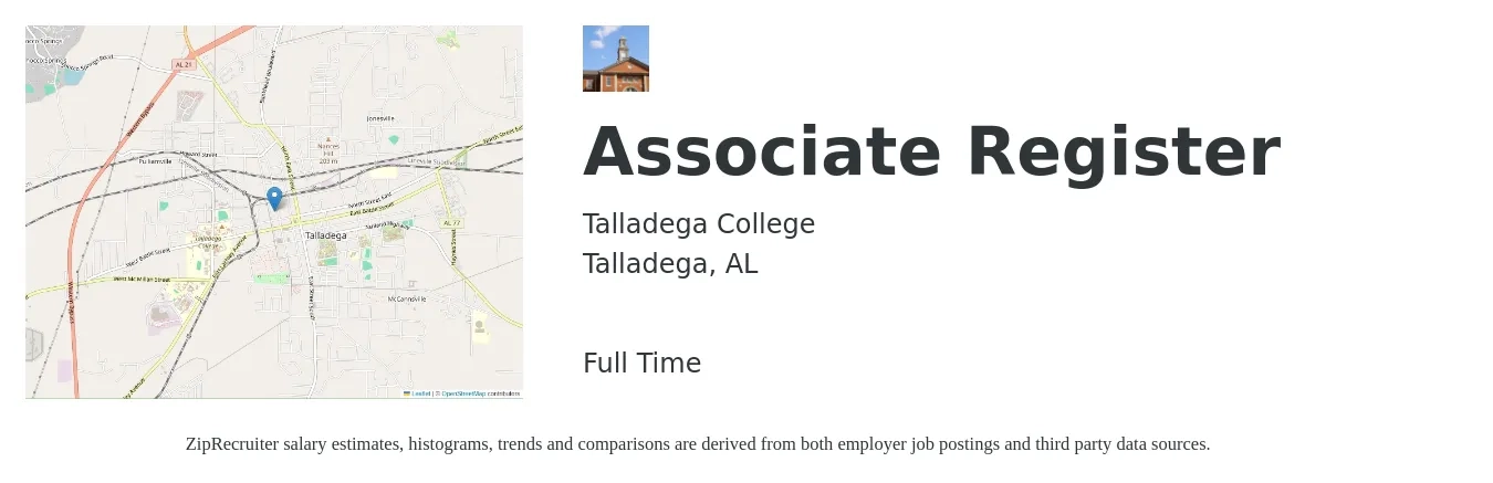 Talladega College job posting for a Associate Register in Talladega, AL with a salary of $18 to $27 Hourly with a map of Talladega location.