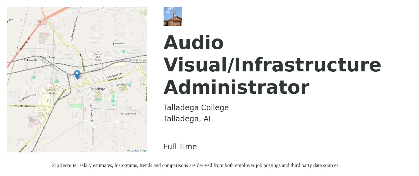Talladega College job posting for a Audio Visual/Infrastructure Administrator in Talladega, AL with a salary of $64,700 to $93,300 Yearly with a map of Talladega location.