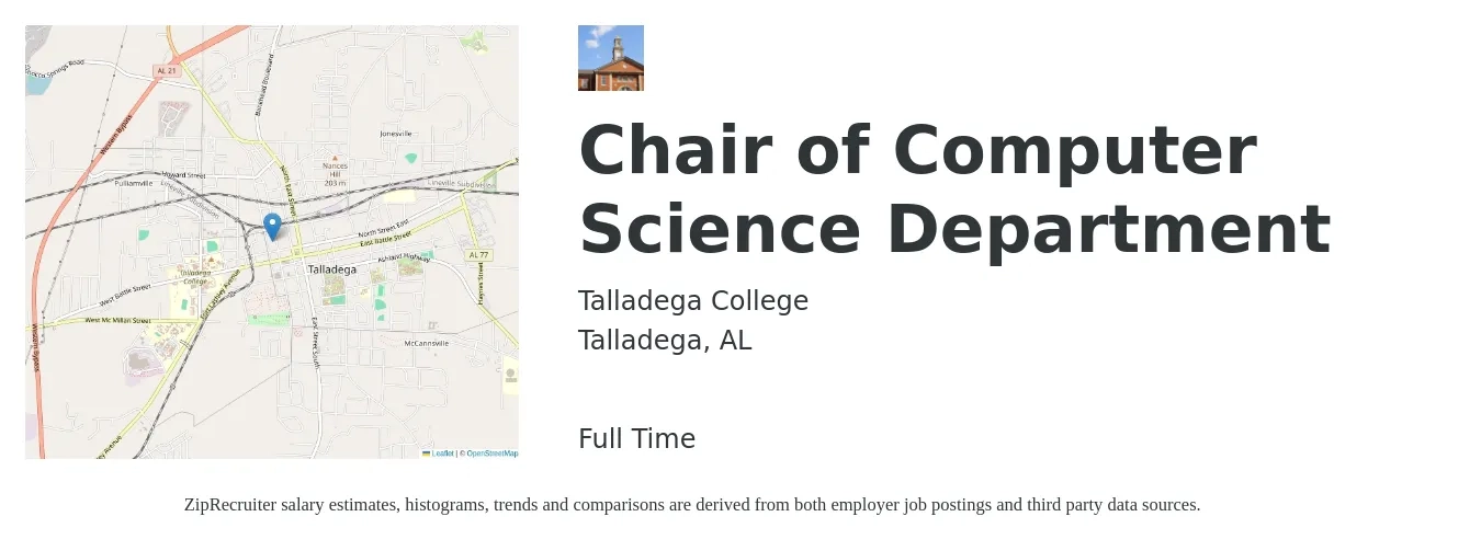 Talladega College job posting for a Chair of Computer Science Department in Talladega, AL with a salary of $85,000 to $141,400 Yearly with a map of Talladega location.