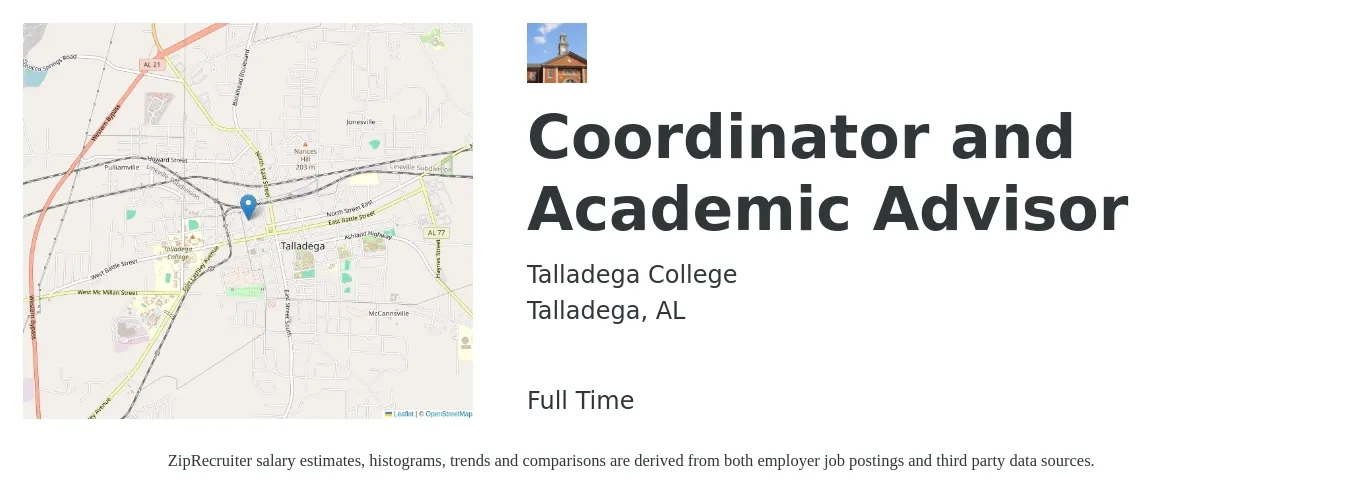 Talladega College job posting for a Coordinator and Academic Advisor in Talladega, AL with a salary of $38,800 to $47,600 Yearly with a map of Talladega location.