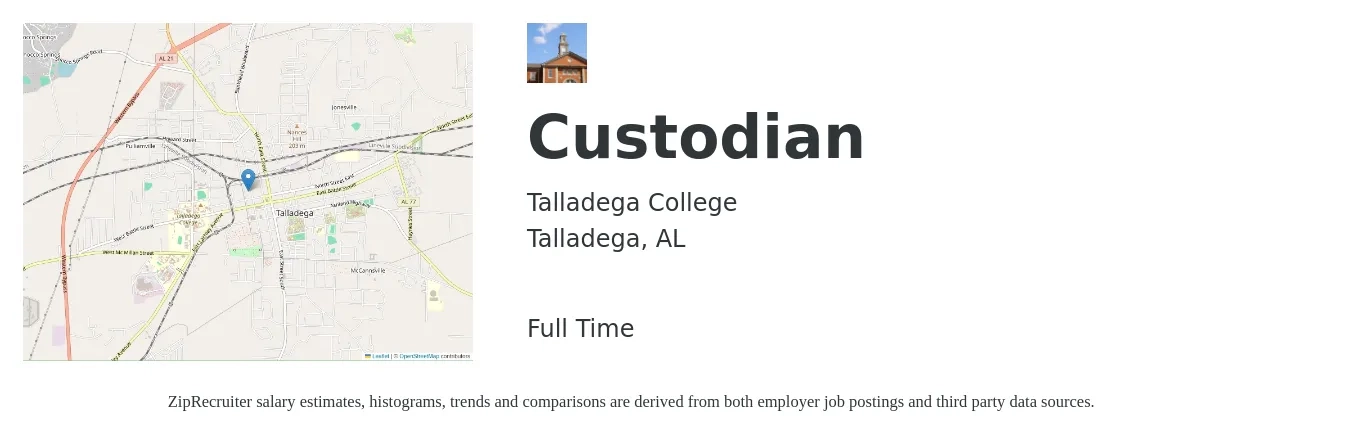 Talladega College job posting for a Custodian in Talladega, AL with a salary of $13 to $17 Hourly with a map of Talladega location.